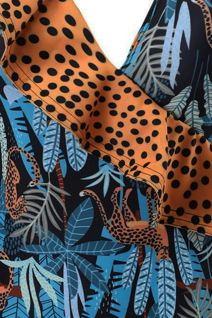Leola Μπλε Εμπριμέ Ολόσωμο Μαγιό με Παρεό με Animal Print | Γυναικεία Μαγιό Παρεό - Ολόσωμα - Swimwear | Leola Blue Printed One Piece Swimsuit with Pareo Set