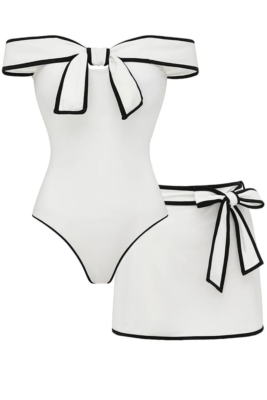 Contris Ολόσωμο Μαγιό με Φιόγκο και Φούστα Παρεό Σετ | Μαγιό - Ολόσωμα - Swimwear One Piece | Contris One-Piece Swimsuit with Bows and Pareo Skirt Set