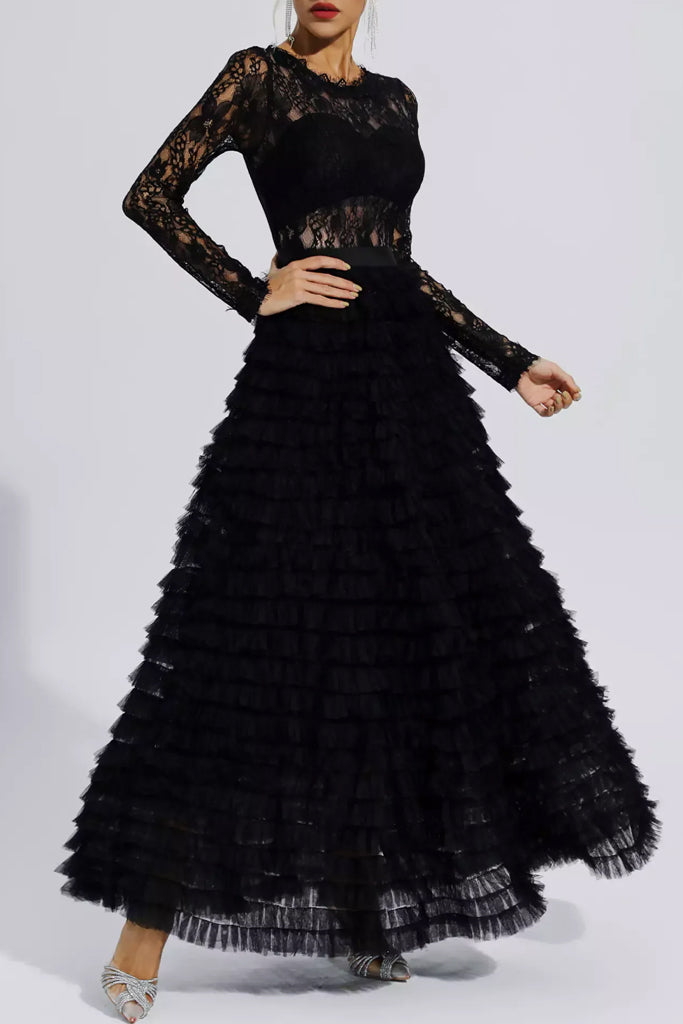 Vestido de noche largo negro Laetitia con tul y encaje