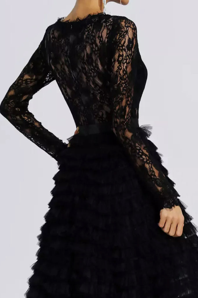 Vestido de noche largo negro Laetitia con tul y encaje