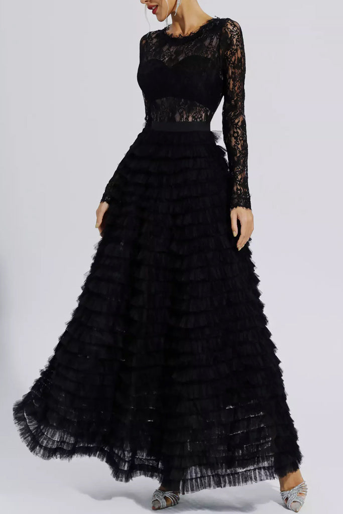 Vestido de noche largo negro Laetitia con tul y encaje