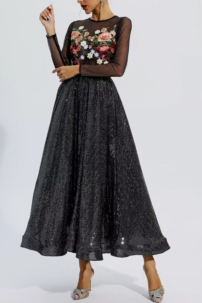 Vestido de noche negro Elaina con tul y bordado
