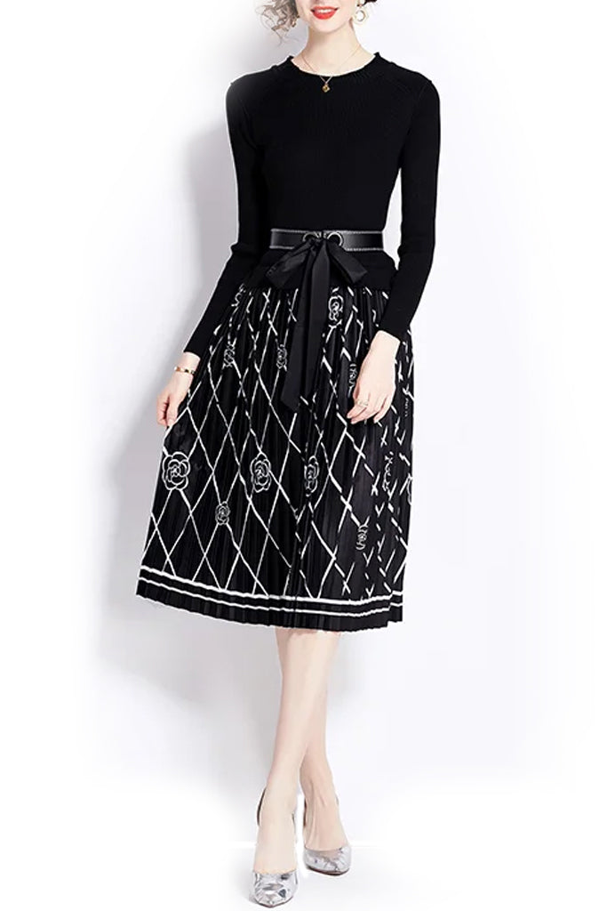 Vestido negro estampado con cinturón Solacia