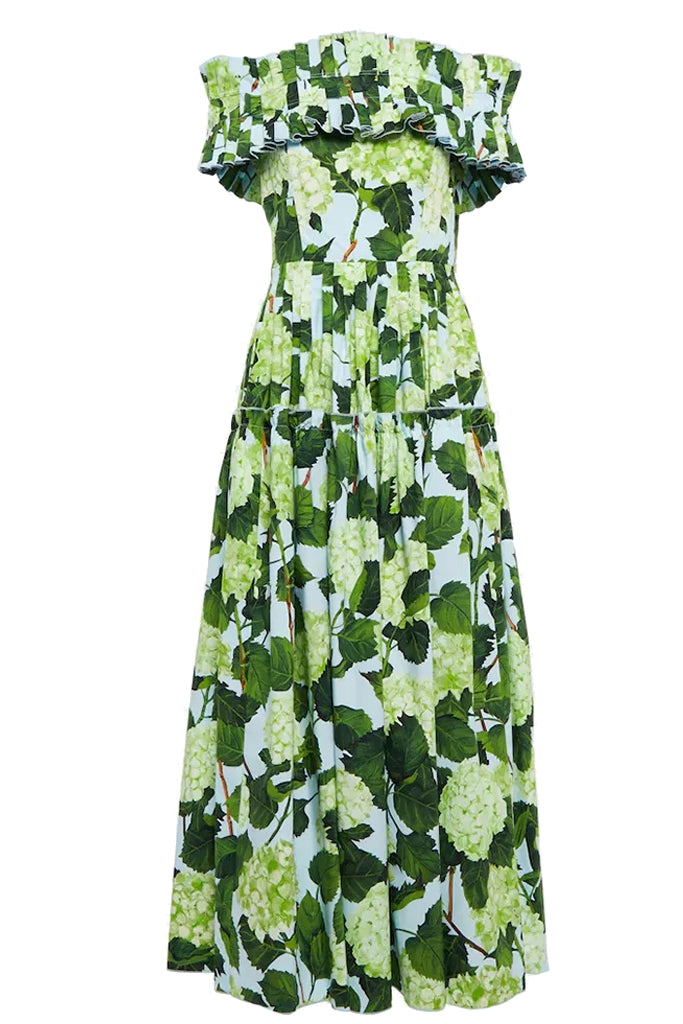 Vestido verde con hombros descubiertos y estampado floral Kestrel