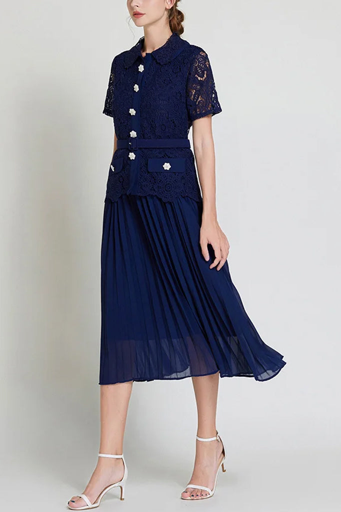 Vestido plisado de encaje azul Daleyza