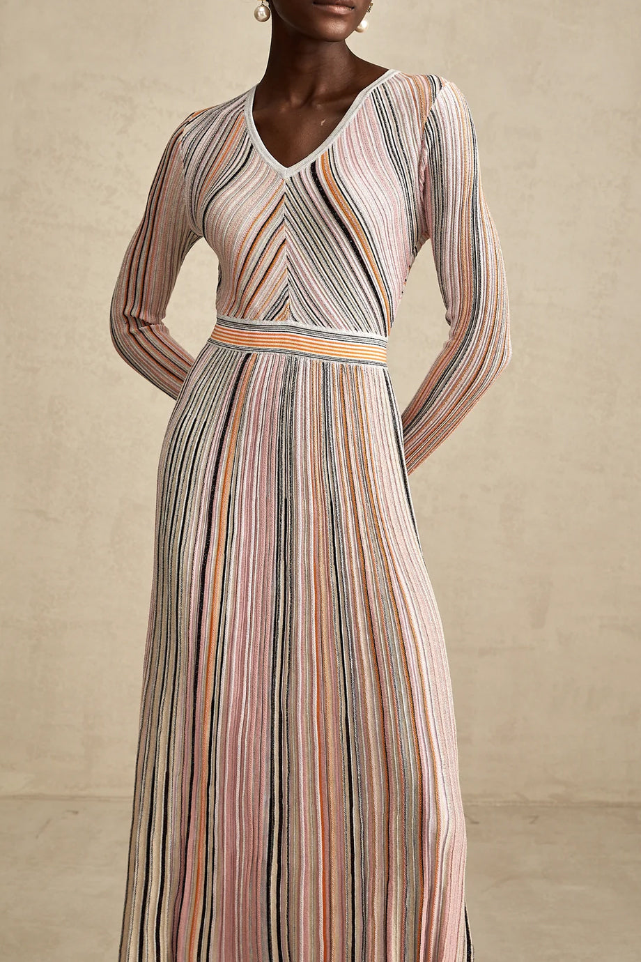 Mathilde Ροζ Πλεκτό Μίντι Φόρεμα με Ρίγες | Φορέματα - Dresses | Mathilde Pink Metallic Striped Knit Midi Dress