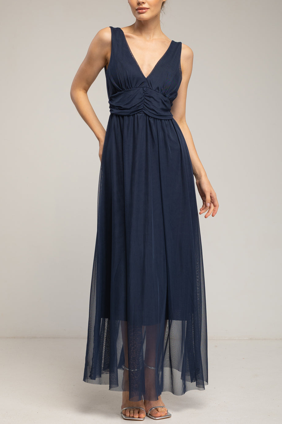 Velmora Μπλε Μακρύ Αμάνικο Φόρεμα από Τούλι με Λαιμόκοψη V | Γυναικεία Φορέματα - Evening Dresses| Velmora Blue Long Sleeveless Tulle Dress with V-Neckline