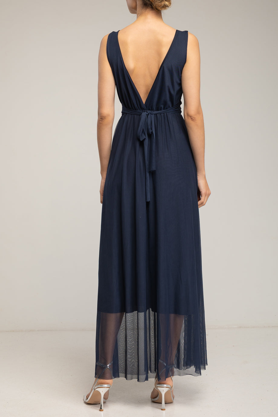 Velmora Μπλε Μακρύ Αμάνικο Φόρεμα από Τούλι με Λαιμόκοψη V | Γυναικεία Φορέματα - Evening Dresses| Velmora Blue Long Sleeveless Tulle Dress with V-Neckline