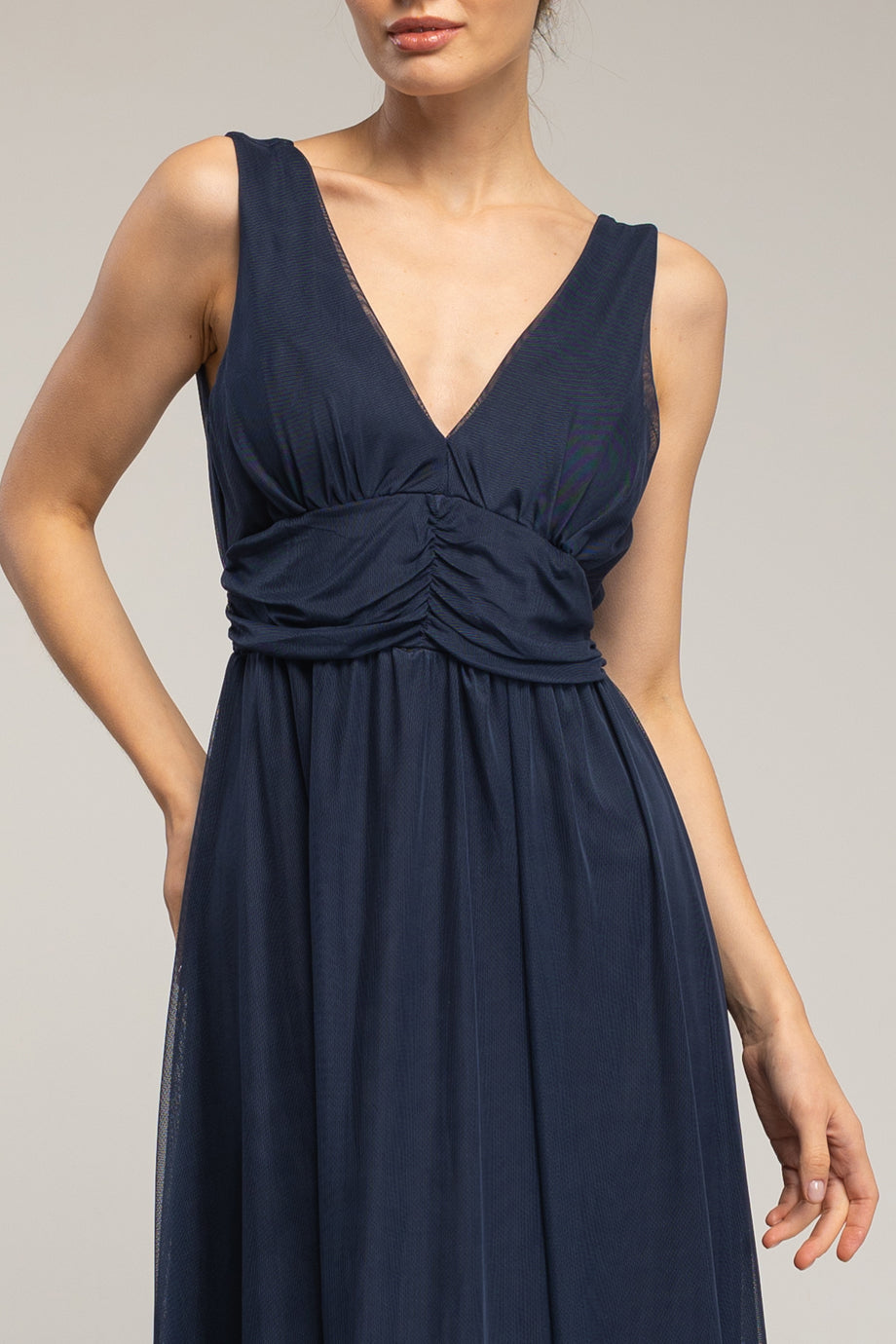 Velmora Μπλε Μακρύ Αμάνικο Φόρεμα από Τούλι με Λαιμόκοψη V | Γυναικεία Φορέματα - Evening Dresses| Velmora Blue Long Sleeveless Tulle Dress with V-Neckline