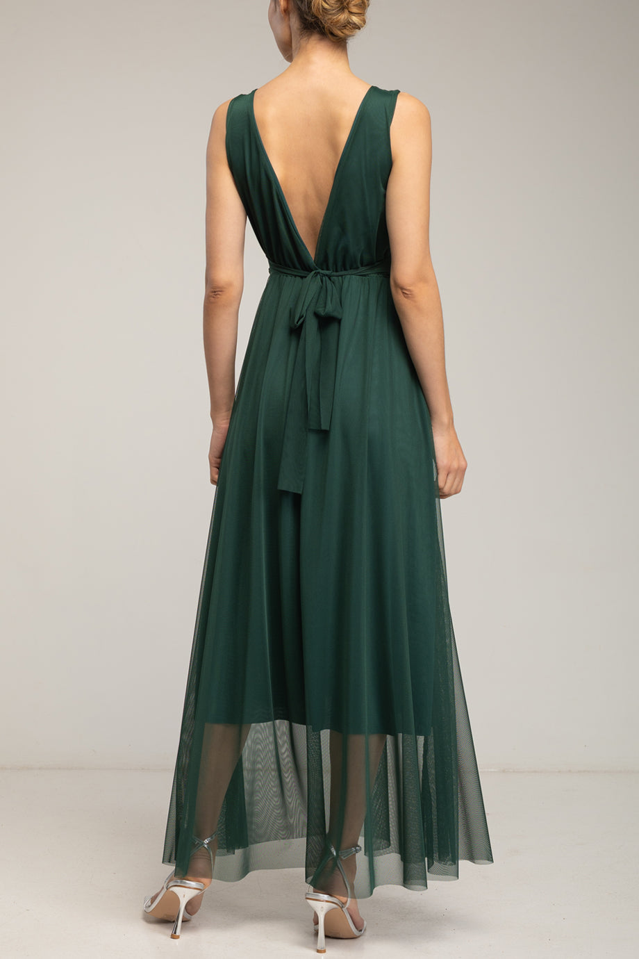 Velmora Πράσινο Μακρύ Αμάνικο Φόρεμα από Τούλι με Λαιμόκοψη V | Γυναικεία Φορέματα - Evening Dresses| Velmora Green Long Sleeveless Tulle Dress with V-Neckline