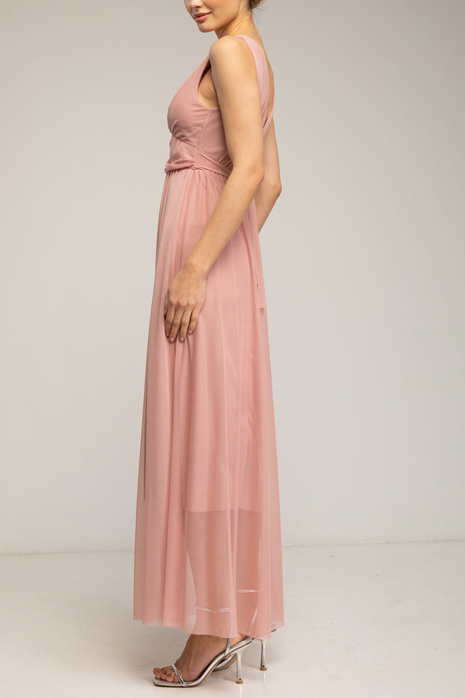 Velmora Ροζ Μακρύ Αμάνικο Φόρεμα από Τούλι με Λαιμόκοψη V | Γυναικεία Φορέματα - Evening Dresses| Velmora Pink Long Sleeveless Tulle Dress with V-Neckline