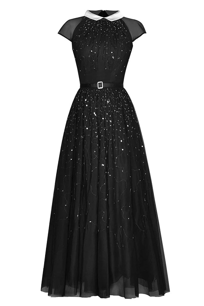 Vestido de noche negro Lupita con tul
