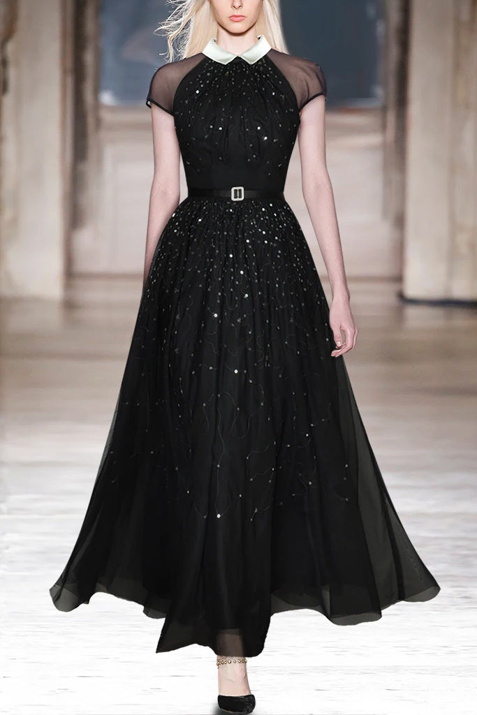 Vestido de noche negro Lupita con tul