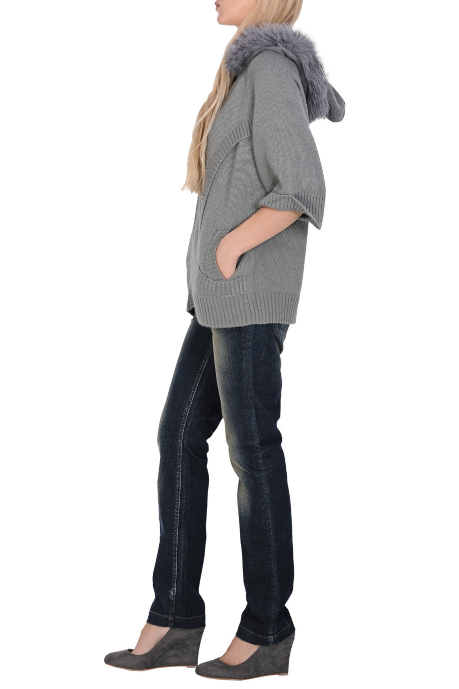 Γκρι Φαρδιά Ζακέτα με Γούνα | Γυναικεία Ρούχα