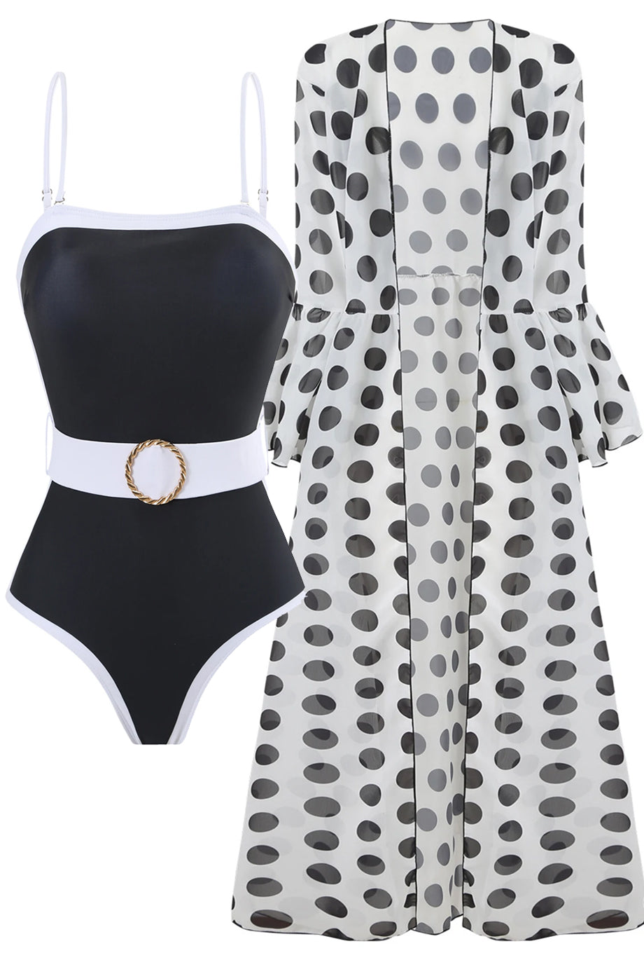 Capri Dots Ολόσωμο Μαγιό με Ζώνη & Καφτάνι με Πουά Σχέδιο | Γυναικεία Μαγιό - Ολόσωμα  - Swimwear | Capri Dots Polka Dot Kimono & Belted Swimsuit Set