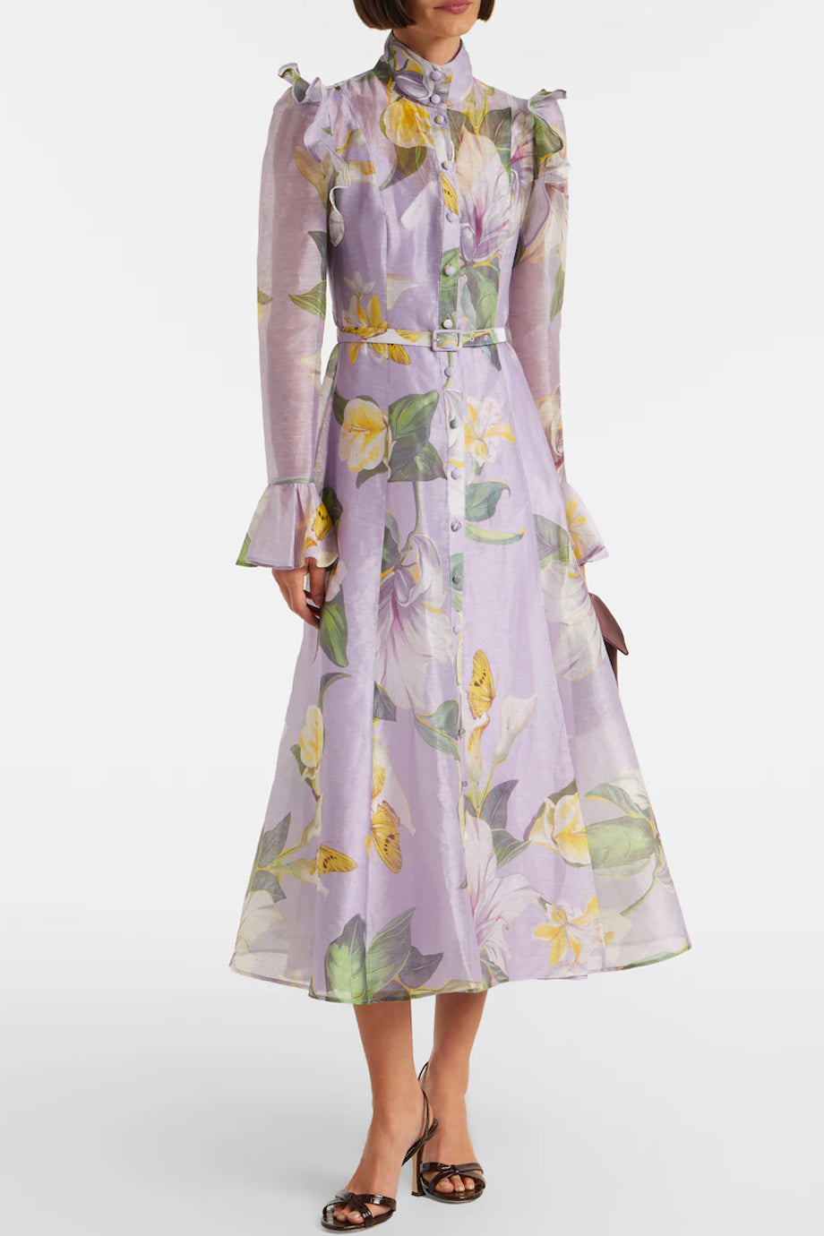 Isaliena Floral Midi Chiffon Dress with Belt and Ruffles