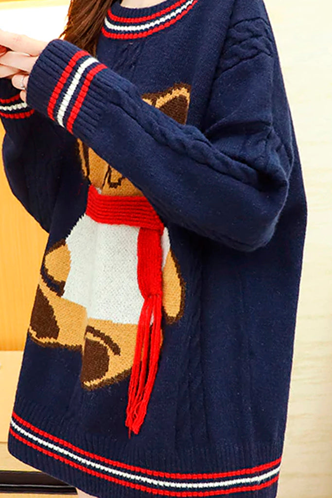 Teddy Scarf Μπλε Oversized Πουλόβερ με Aρκουδάκι | Γυναικεία Ρούχα - Πουλόβερ